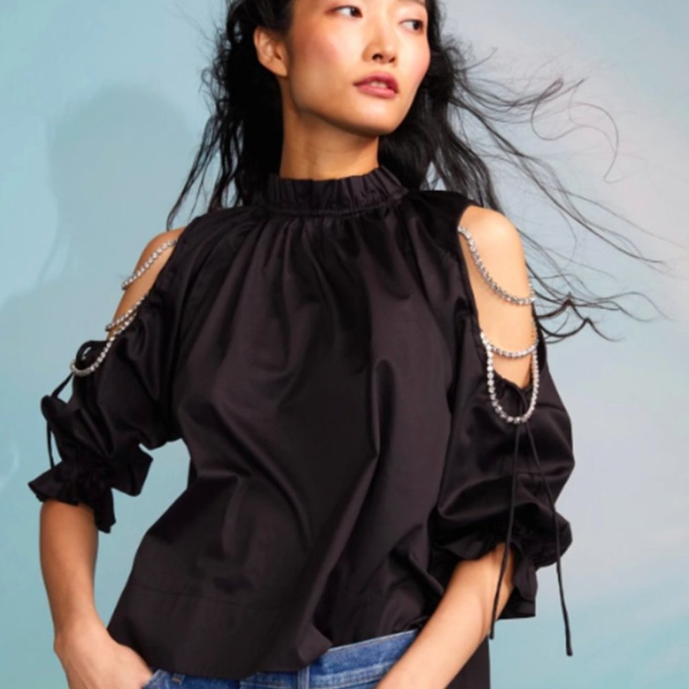 NWT Cynthia Rowley Cold Shoulder Rhinestones Cotton Blouse TOPS DRESS